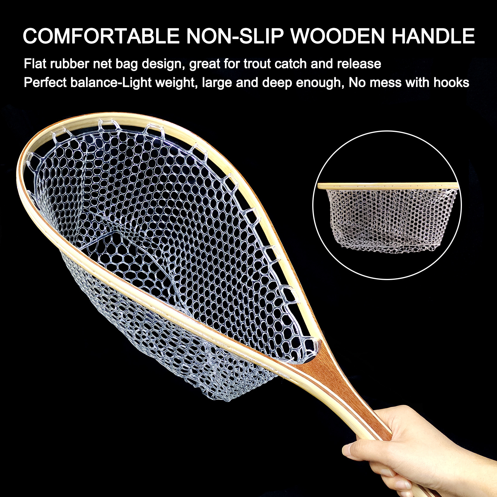 03G-HWRN09 Trout Fishing Wooden Net With Flat Net Bag