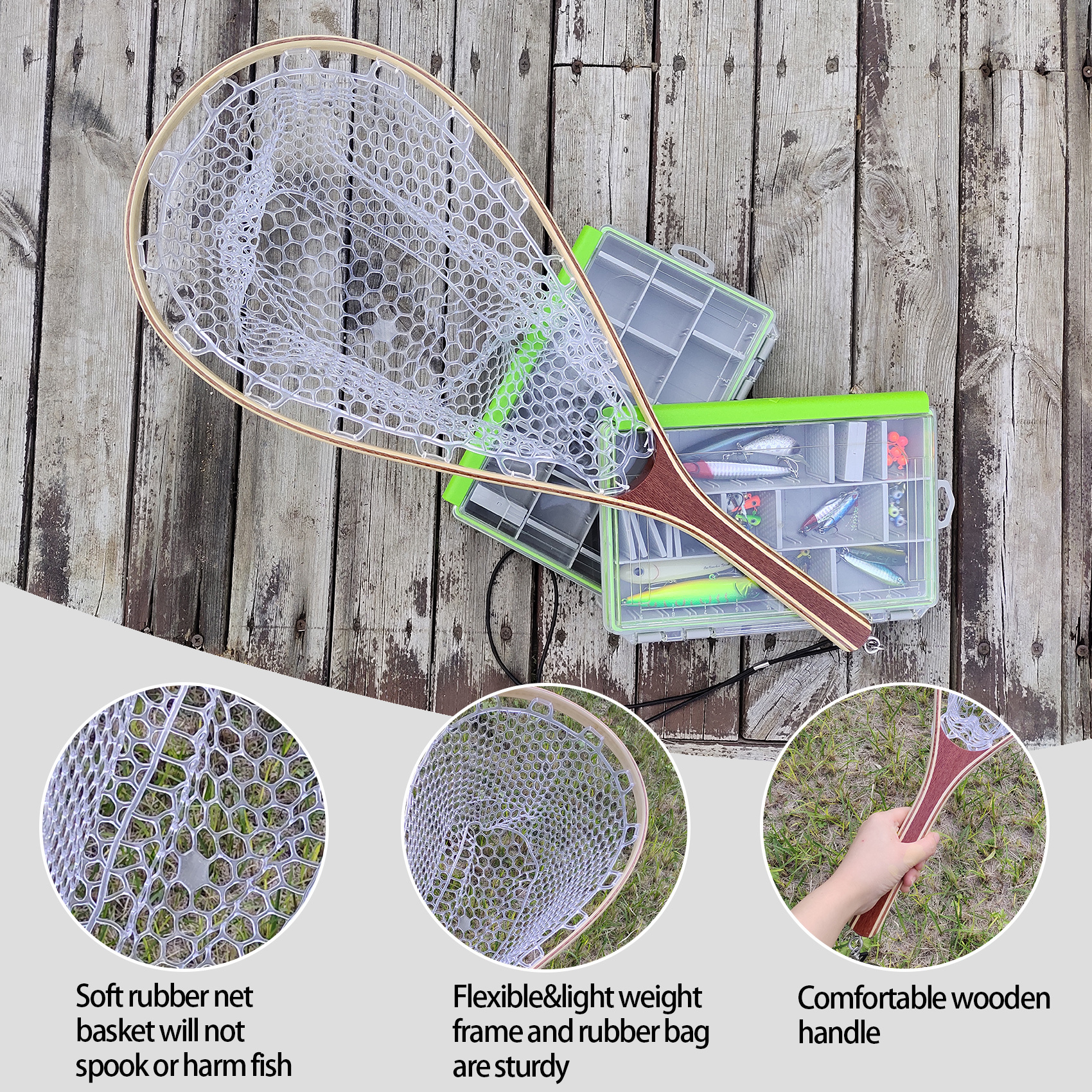 03G-HWRN09 Trout Fishing Wooden Net With Flat Net Bag