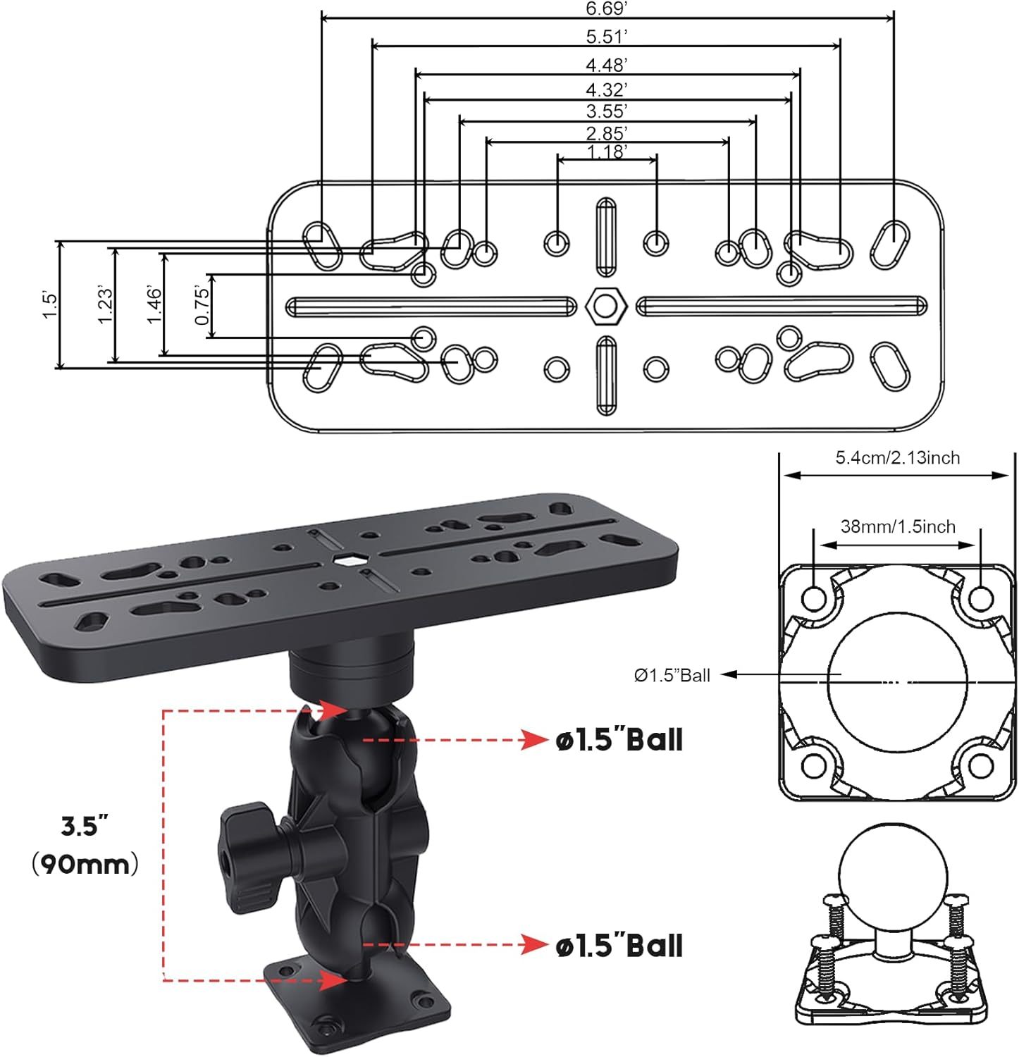 BTI-14A-5000 Rectangular fish finder plate + 1.5 inch ball head + base