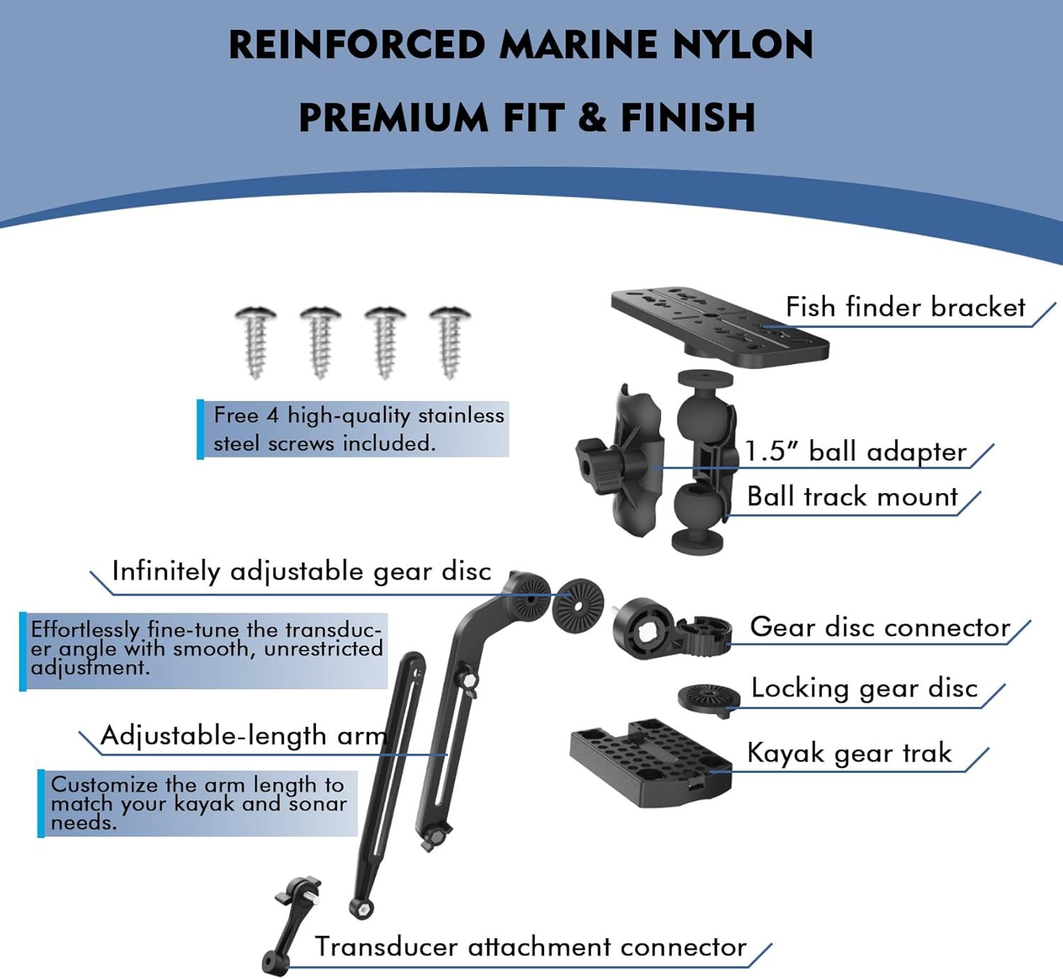 BTI-14A-2014P Transducer Mounting Arm with 1.5" Plate Ball Base & Fishfinder Base