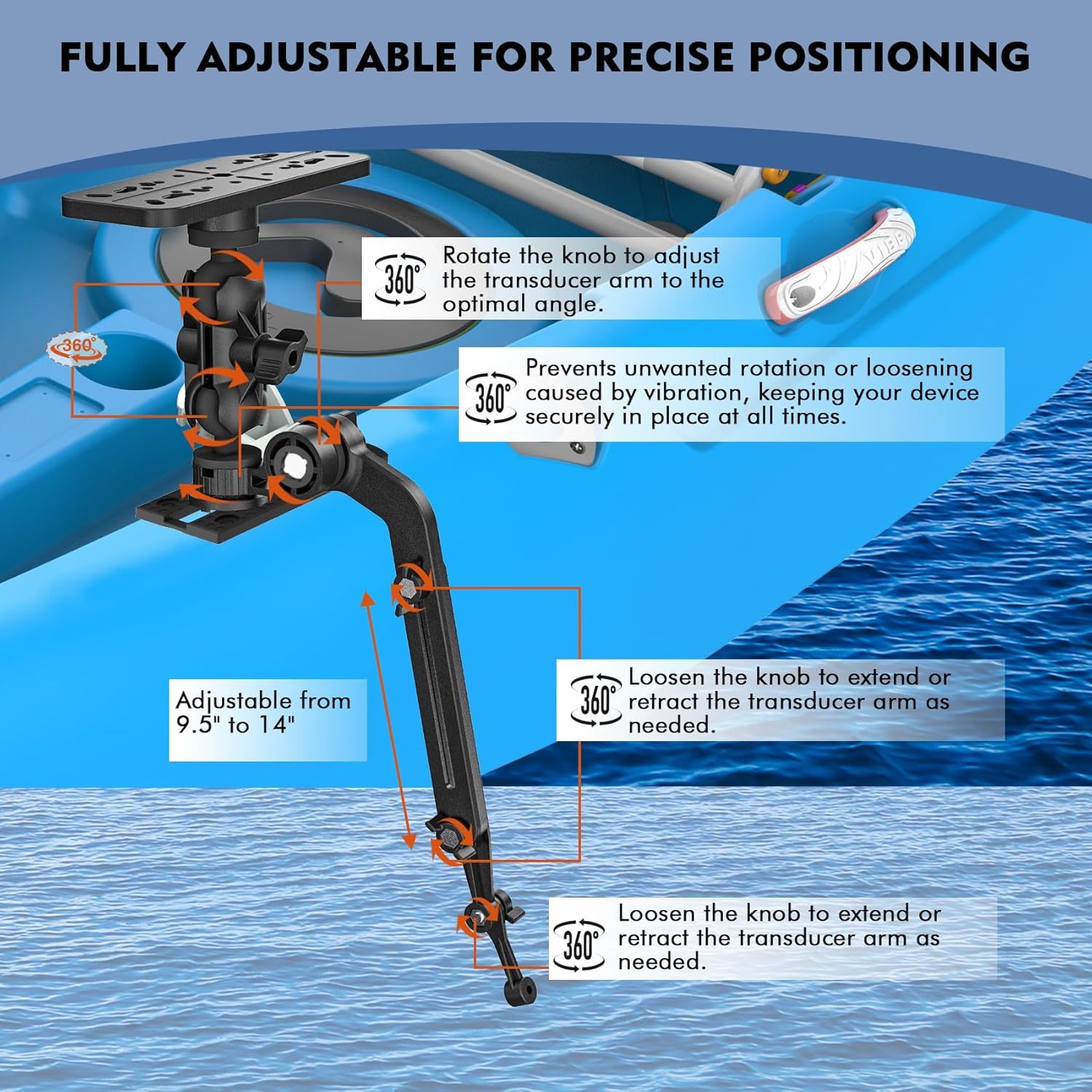 BTI-14A-2014P Transducer Mounting Arm with 1.5" Plate Ball Base & Fishfinder Base