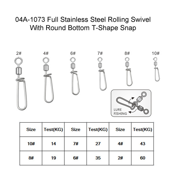 BTI-04A-1073 Full Stainless Steel Rolling Swivel With Round Bottom T-Shape Snap