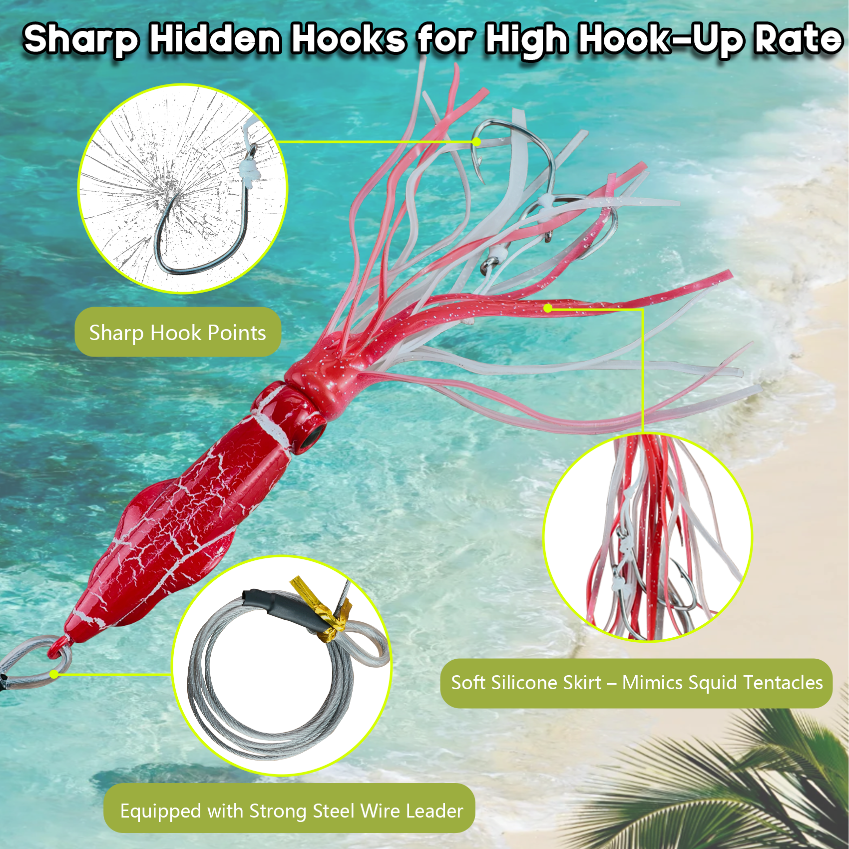 Luminous Metal Head Squid Skirt Jig with Wire Leader