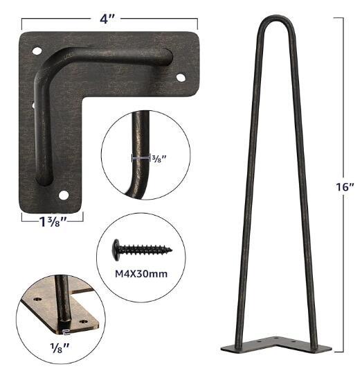 A0306001 Heavy Duty Hairpin Furniture Legs, Metal Home DIY Projects for Nightstand, Coffee Table, Desk, etc