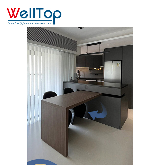 Heavy Duty Telescopic Table Lift Mechanism - Multi-Functional Coffee Table Extension Hardware for Space-Saving Smart Furniture - WELLTOP Hardware,WELLTOP New Arrival Furniture Hardware Telescopic Rotating Table Slide Rail Mechanism Rolling Kitchen Island Pull Out Extension,veitop hardware