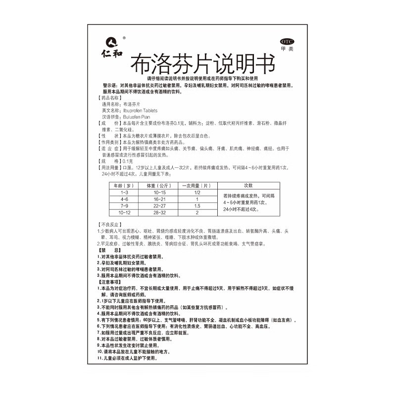 药品 - 仁和布洛芬片0.1g*24片 1盒  缓解偏头痛关节痛肌肉痛痛经感冒流感发热