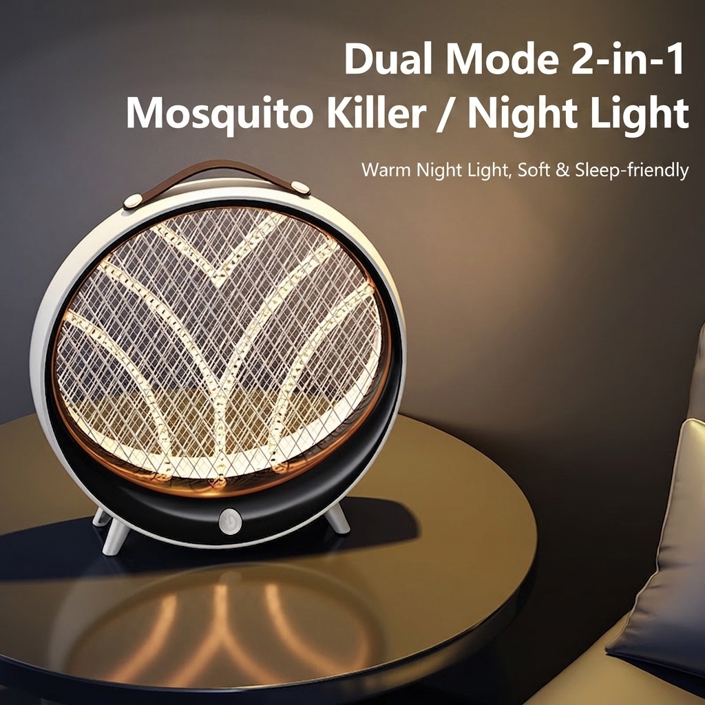 D2-Rechargeable mosquito killer lamp with ultraviolet light and insect trap, also features a warm night light; wall-mounted and tabletop compatible.