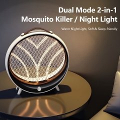 D2-Rechargeable mosquito killer lamp with ultraviolet light and insect trap, also features a warm night light; wall-mounted and tabletop compatible.