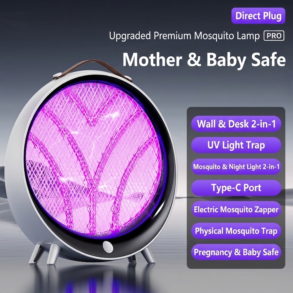 D2-Rechargeable mosquito killer lamp with ultraviolet light and insect trap, also features a warm night light; wall-mounted and tabletop compatible.