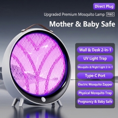D2-Rechargeable mosquito killer lamp with ultraviolet light and insect trap, also features a warm night light; wall-mounted and tabletop compatible.
