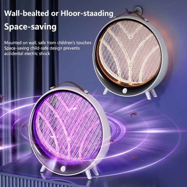 D2-Rechargeable mosquito killer lamp with ultraviolet light and insect trap, also features a warm night light; wall-mounted and tabletop compatible.