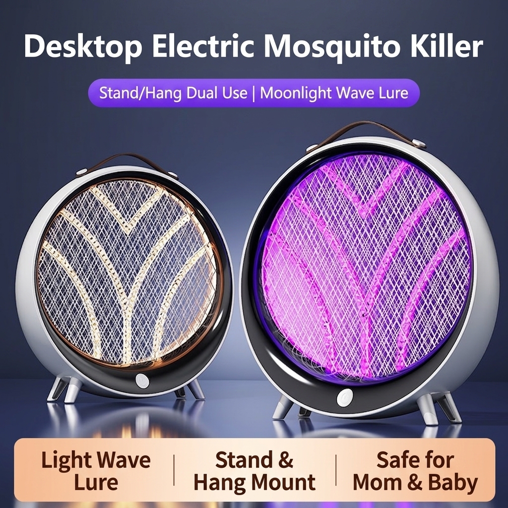 D2-Rechargeable mosquito killer lamp with ultraviolet light and insect trap, also features a warm night light; wall-mounted and tabletop compatible.