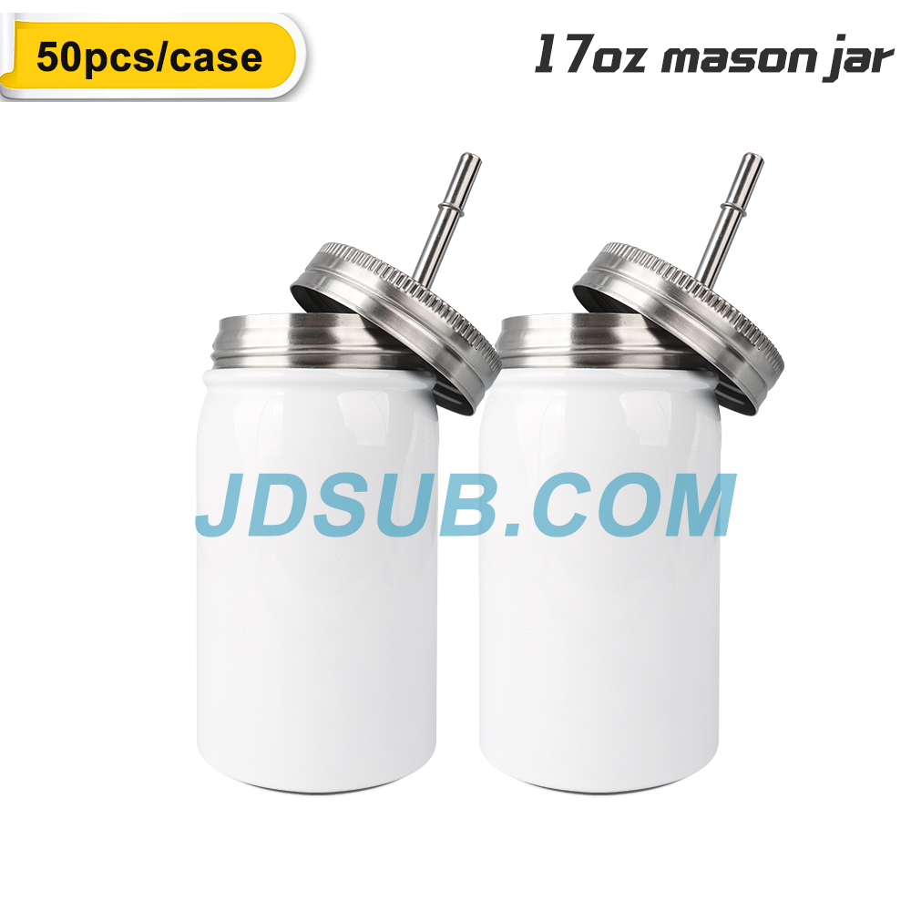 50 Pack 17oz Sublimation White Mason Jar Tumbler Blanks with 18/8 Straws