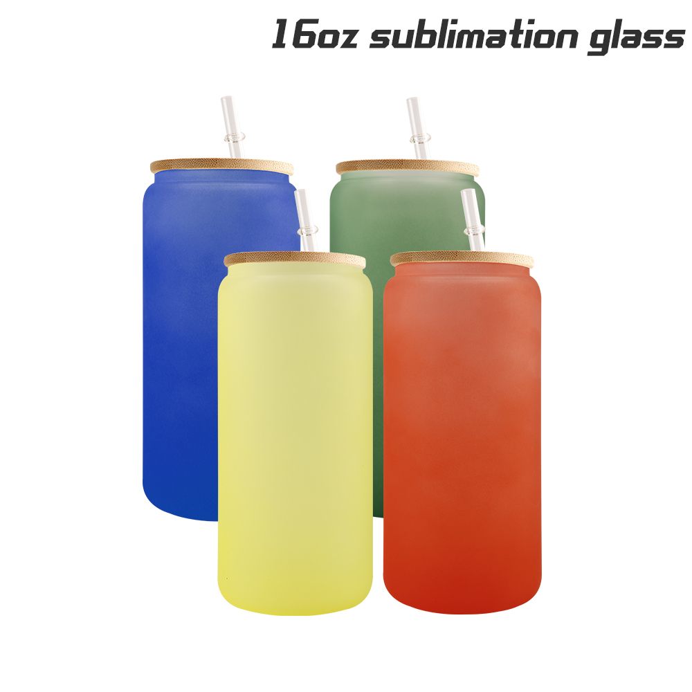 50 Pack 16oz Cold Color Change Frosted Sublimation Beer Glass Can with Bamboo Lids and straws
