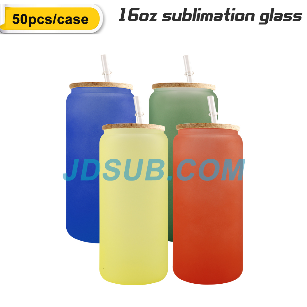50 Pack 16oz Cold Color Change Frosted Sublimation Beer Glass Can with Bamboo Lids and straws