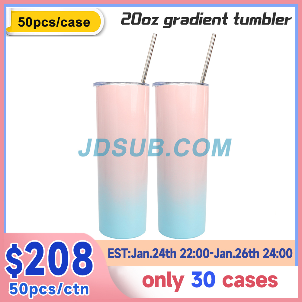 50 Pack 20oz Sublimation Gradient Skinny Straight Tumbler Blanks with Plastic Straws