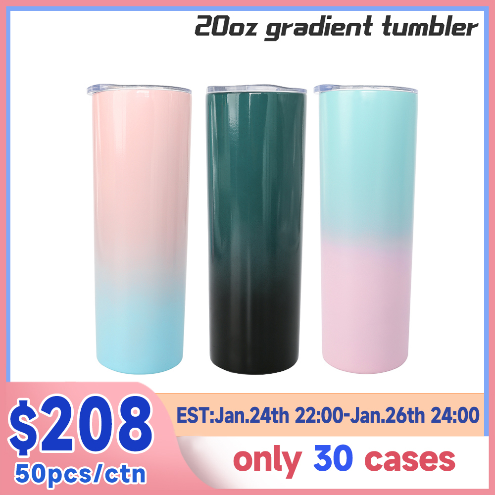 50 Pack 20oz Sublimation Gradient Skinny Straight Tumbler Blanks with Plastic Straws