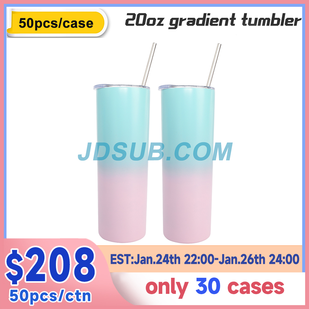 50 Pack 20oz Sublimation Gradient Skinny Straight Tumbler Blanks with Plastic Straws