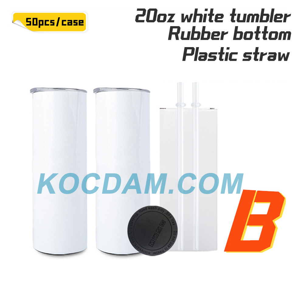 Kocdam Marketing 50Pack 20oz White Sublimation Straight Skinny Tumbler Blanks with Plastic Strwas