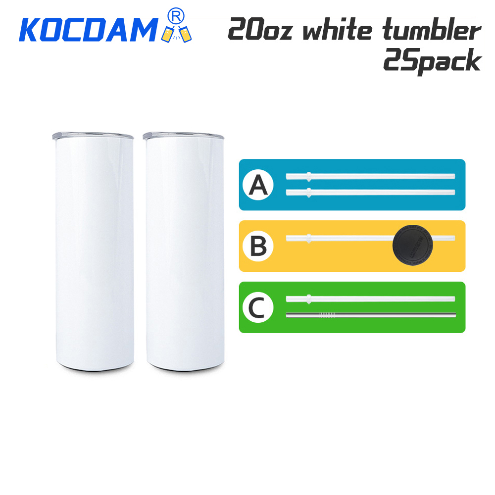 Kocdam Marketing 25Pack 20oz White Sublimation Straight Skinny Tumbler Blanks with Plastic Straws