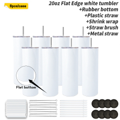 KOCDAM 8 Pack New Style 20oz Flat Edge White Sublimation Tumbler With All Stuffs