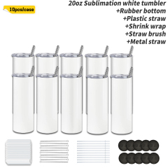 KOCDAM 10/24Pack 20oz White Sublimation Straight Skinny Tumbler Blanks With All Stuffs