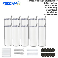 KOCDAM 10/24Pack 20oz White Sublimation Straight Skinny Tumbler Blanks With All Stuffs