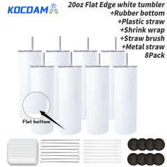KOCDAM 8 Pack New Style 20oz Flat Edge White Sublimation Tumbler With All Stuffs