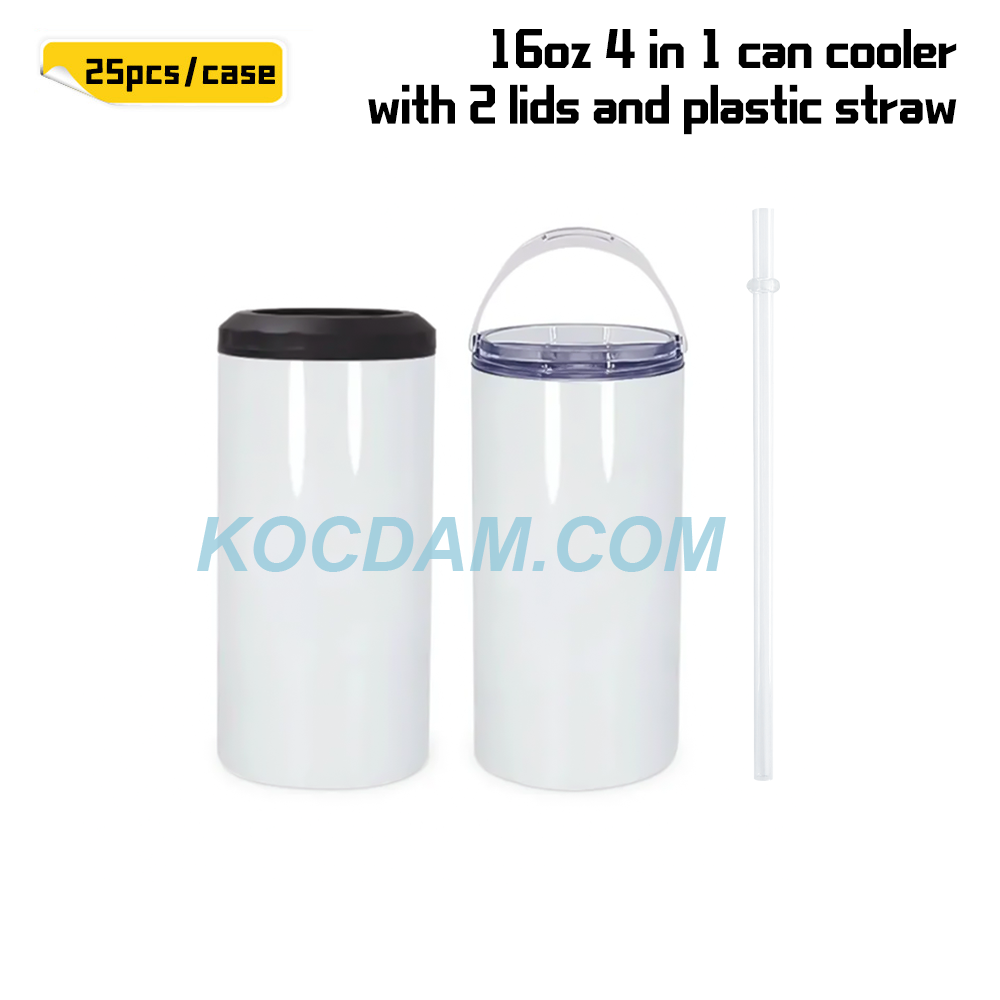 KOCDAM 25Pack 16oz 4 IN 1 Sublimation Can Cooler Blanks with 2 lids and plastic straws