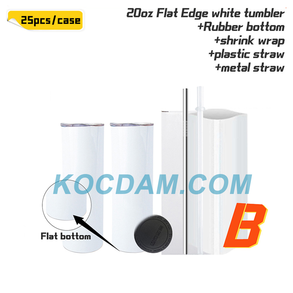 KOCDAM 25 Pack New Style 20oz Flat Edge White Sublimation Tumbler with Straw
