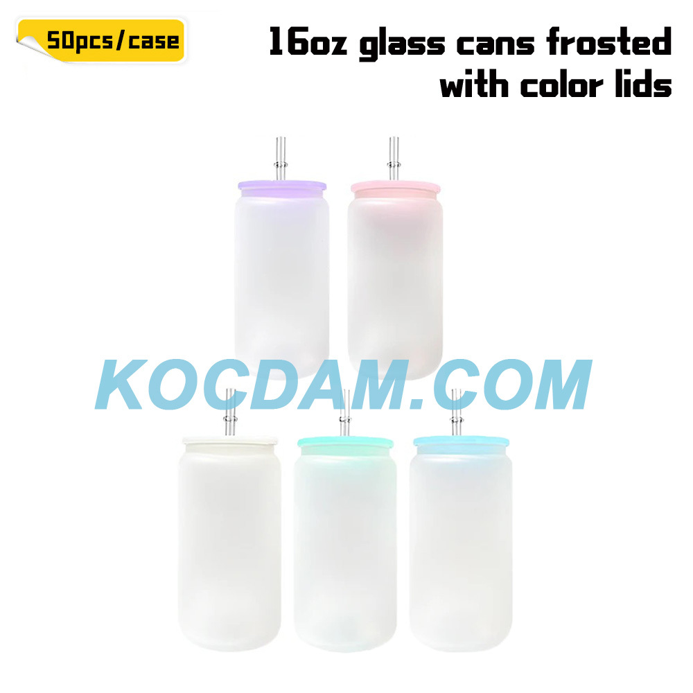 KOCDAM 25/50 Pack 16oz Sublimation Frosted Clear Glass Can Jar with Plastic colors lids and Plastic Straw