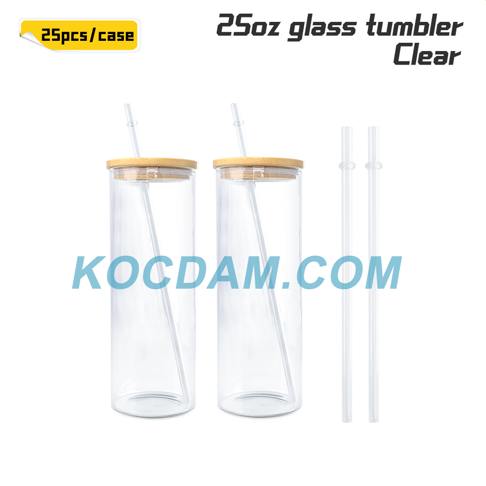 KOCDAM 25 Pack 25oz Sublimation Frosted Clear Glass Tumbler Blanks with Bamboo Lids and Plastic Straw