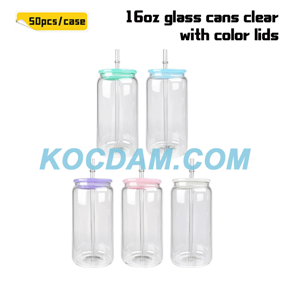 KOCDAM 25/50 Pack 16oz Sublimation Frosted Clear Glass Can Jar with Plastic colors lids and Plastic Straw