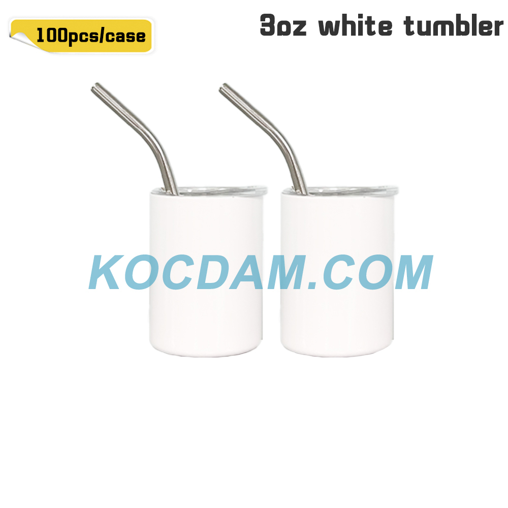 KOCDAM 100 Pack 3oz Sublimation Stainless Steel Wihte Tumbler With Bend Metal Straw
