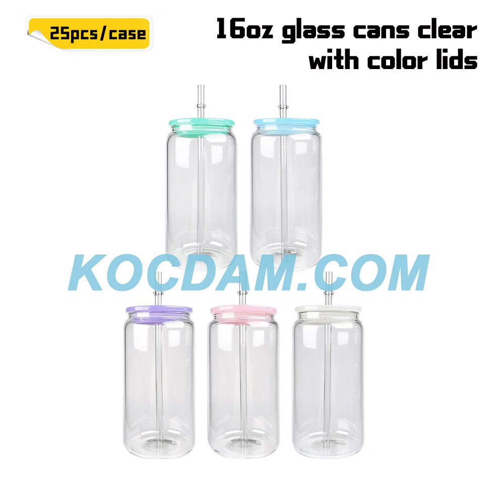 KOCDAM 25/50 Pack 16oz Sublimation Frosted Clear Glass Can Jar with Plastic colors lids and Plastic Straw