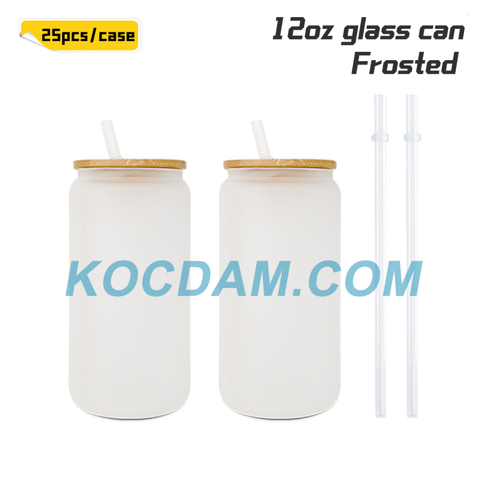 KOCDAM 25/50 Pack 12oz Sublimation Frosted Clear Glass Jar with Bamboo Lids and Plastic Straw