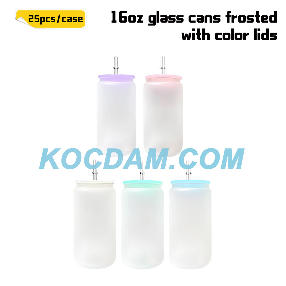 KOCDAM 25/50 Pack 16oz Sublimation Frosted Clear Glass Can Jar with Plastic colors lids and Plastic Straw