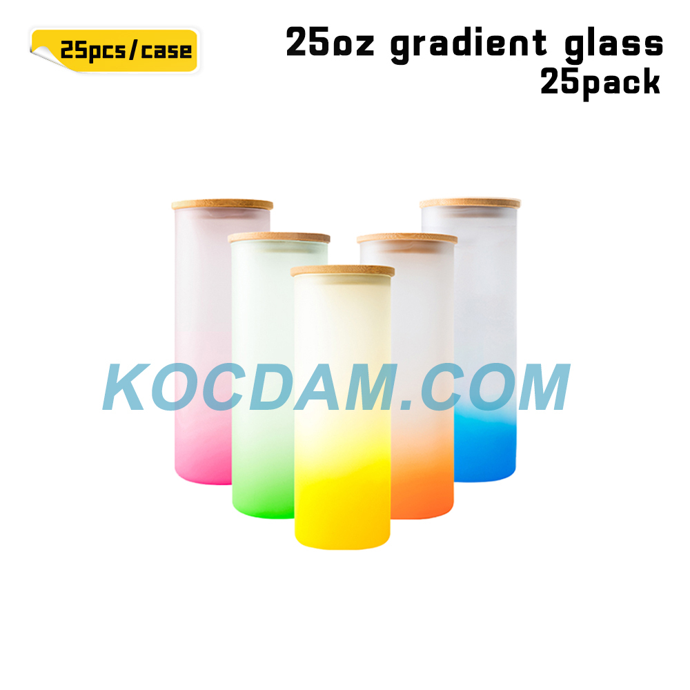 KOCDAM 25Pack 25oz Sublimation Gradient Frosted Glass Tumbler Blanks with Bamboo Lids and Plastic Straw