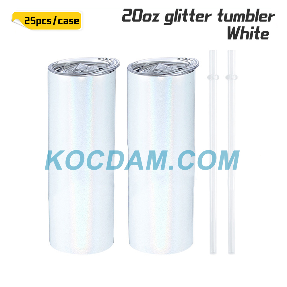 KOCDAM 25 Pack 20oz Sublimation Glitter Colourful Shimmer Straight Tumbler Blanks with Plastic Straws