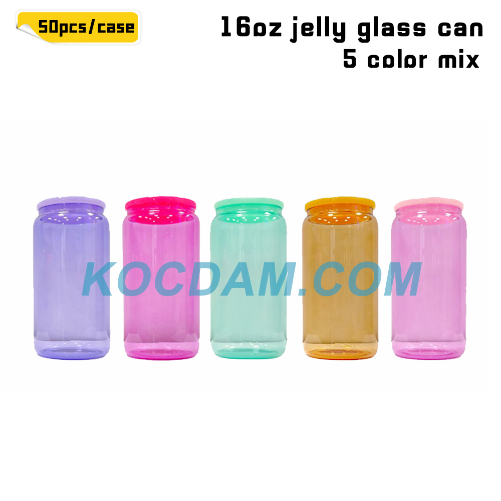 KOCDAM 25/50 Pack 16oz Sublimation Jelly Glass Jar With Plastic Lids And Plastic Straw