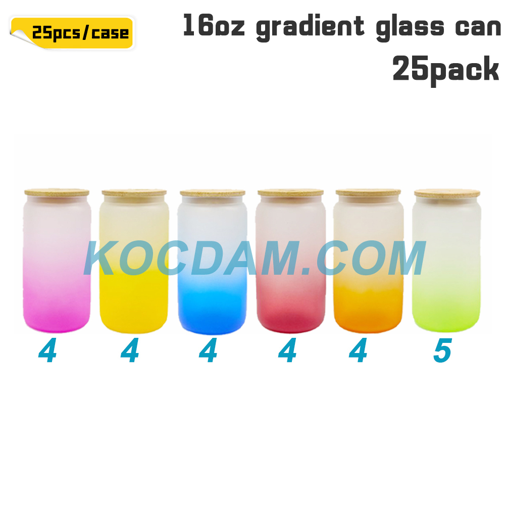 KOCDAM 25 Pack 16oz Sublimation Gradient Frosted Glass Can Blanks With Bamboo Lids And Plastic Straw