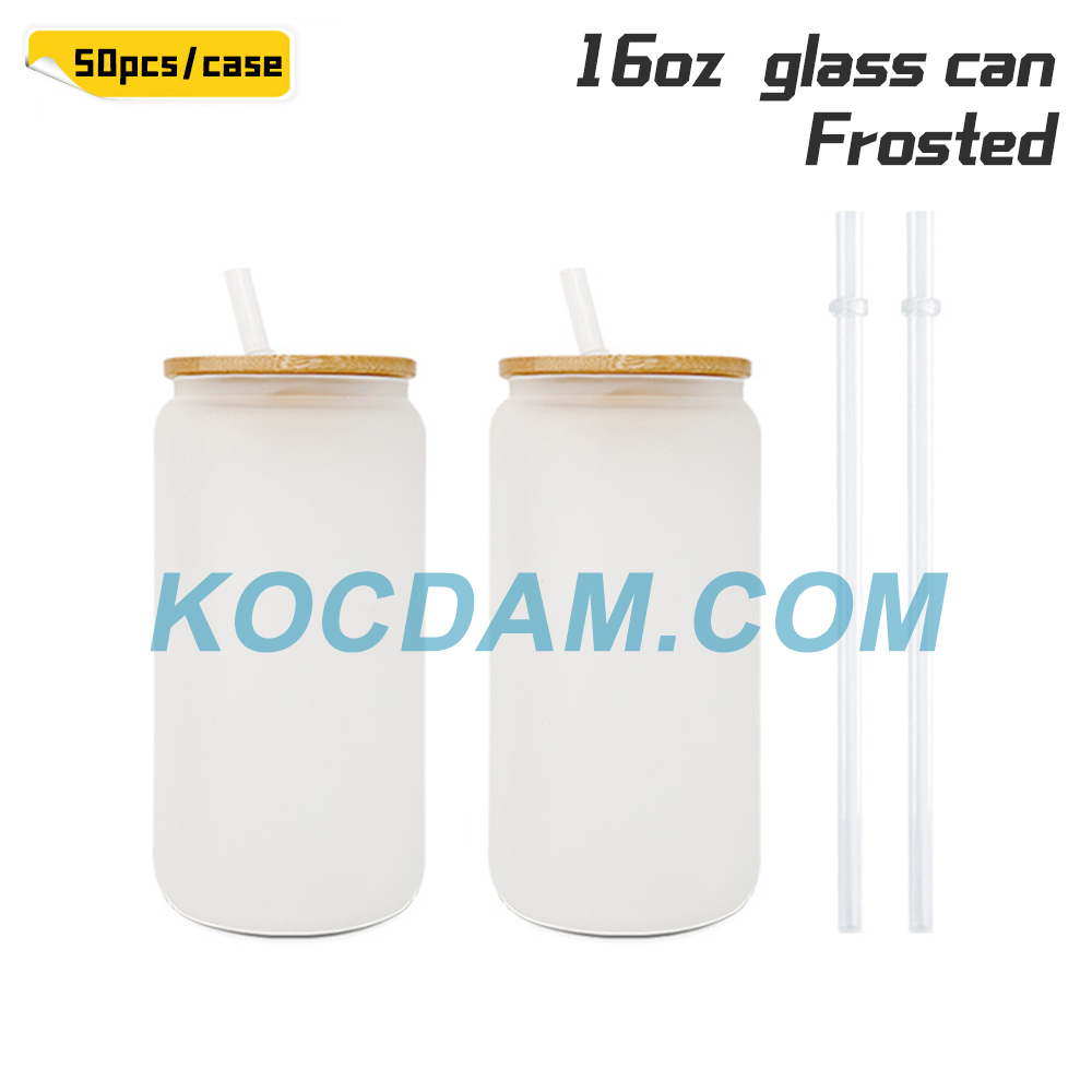 KOCDAM 50 Pack 16oz Sublimation Frosted Clear Glass Can Jar with Bamboo Lids and Plastic Straw