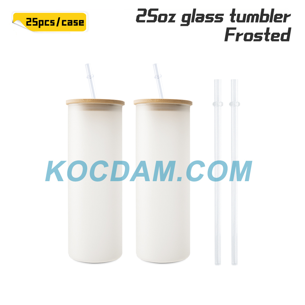 KOCDAM 25 Pack 25oz Sublimation Frosted Clear Glass Tumbler Blanks with Bamboo Lids and Plastic Straw