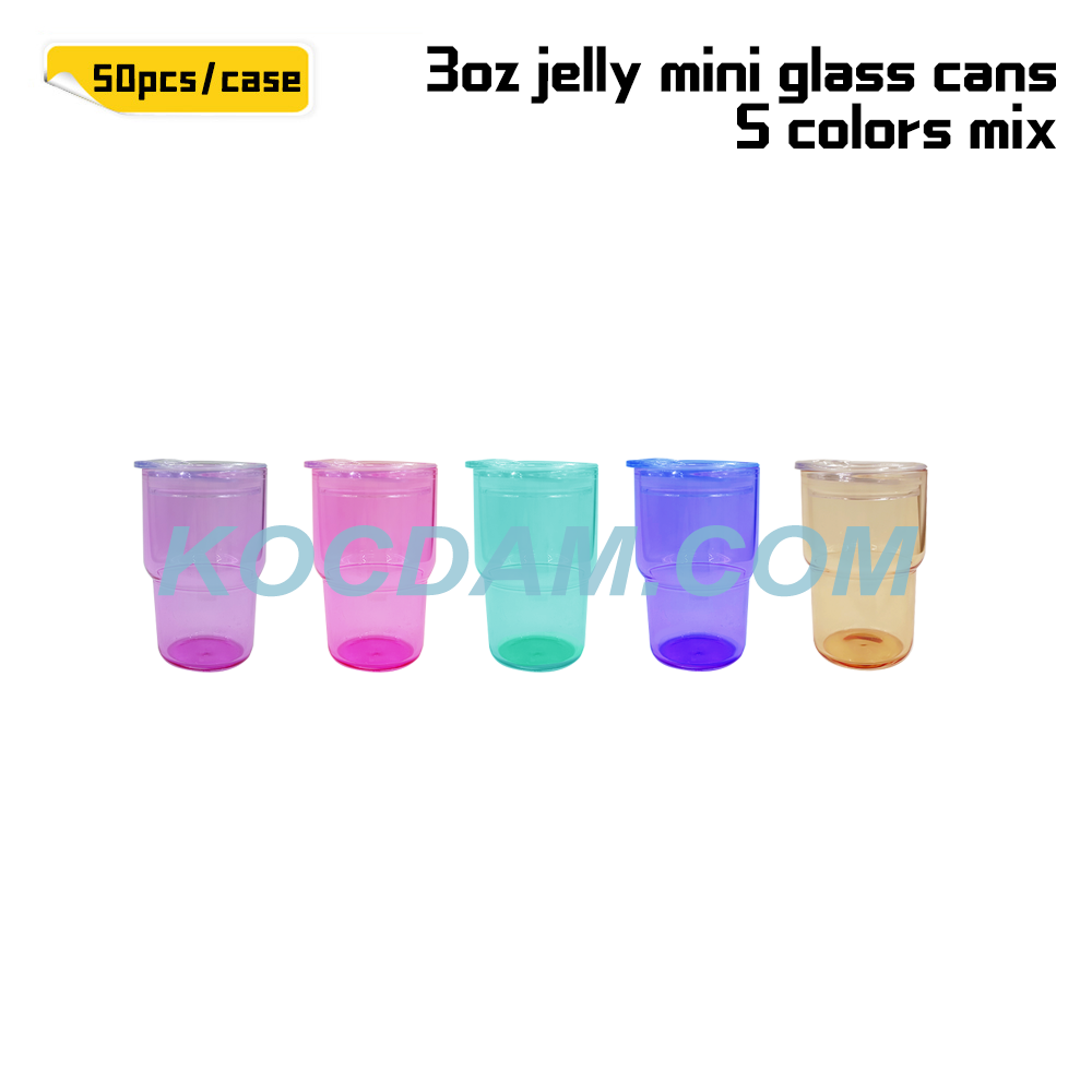 KOCDAM 50Pack 3oz Sublimation Shot Mini Jelly Glass Cans Mix 5 Colors With Plastic Lids And Plastic Straw
