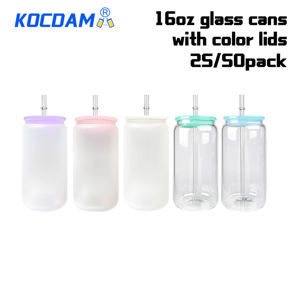 KOCDAM 25/50 Pack 16oz Sublimation Frosted Clear Glass Can Jar with Plastic colors lids and Plastic Straw