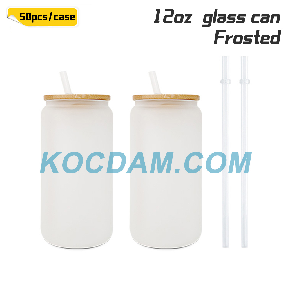 KOCDAM 25/50 Pack 12oz Sublimation Frosted Clear Glass Jar with Bamboo Lids and Plastic Straw