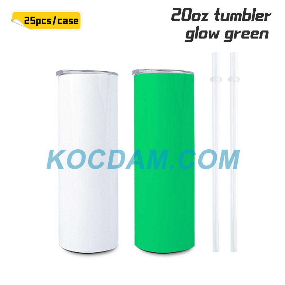 KOCDAM 25 pack 20oz Green Glow In the Dark Sublimation Straight Tumbler Blanks with Plastic Straws
