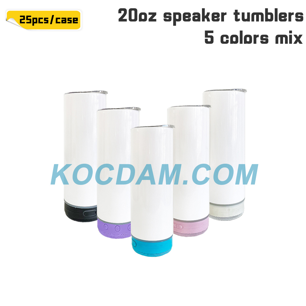KOCDAM 25 Pack 20oz Sublimation Speaker Tumbler Bluetooth player Sublimation Blanks Mixed 5 Colors with Plastic Straws