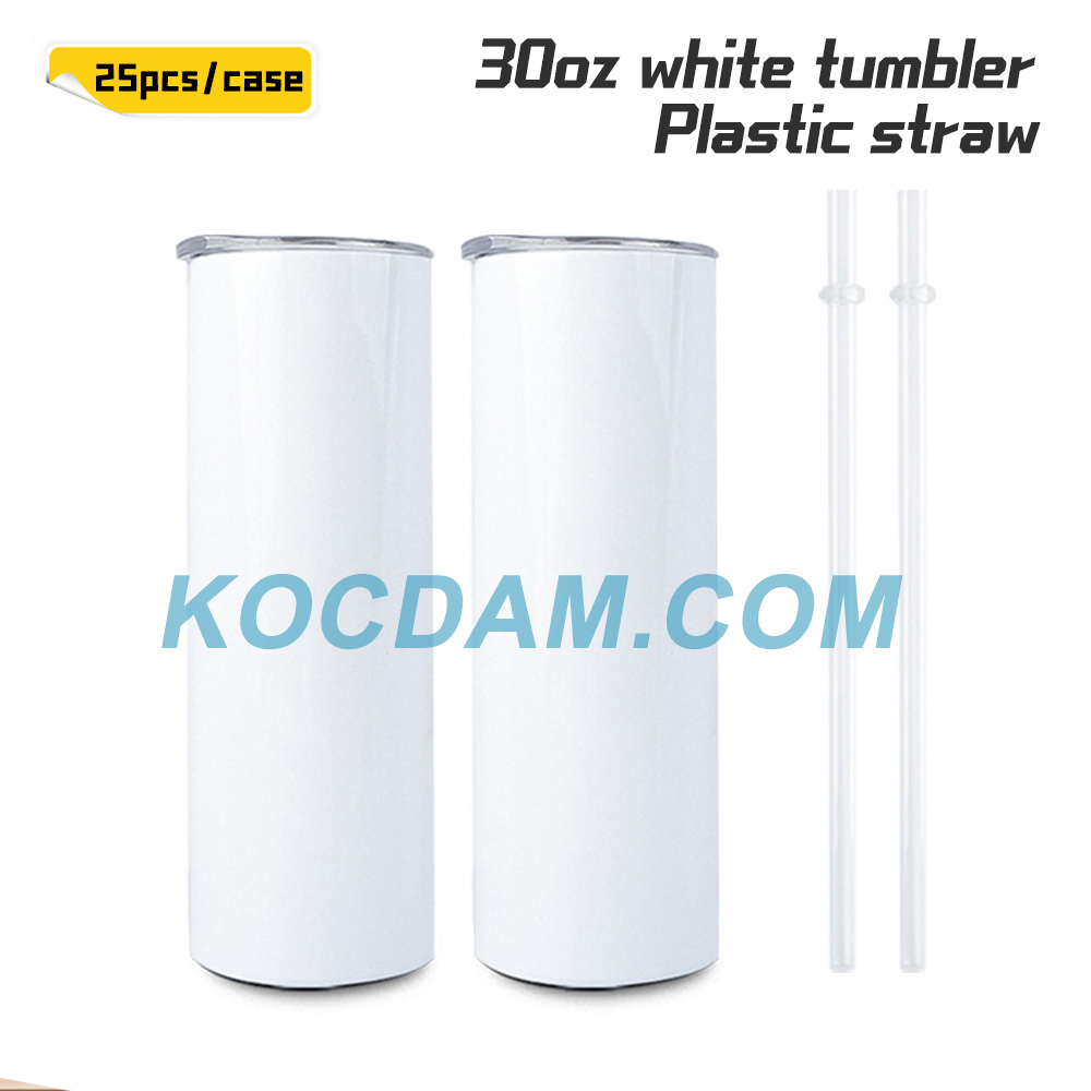 KOCDAM 25Pack 30oz White Sublimation Straight Skinny Tumbler Blanks with Plastic Straws