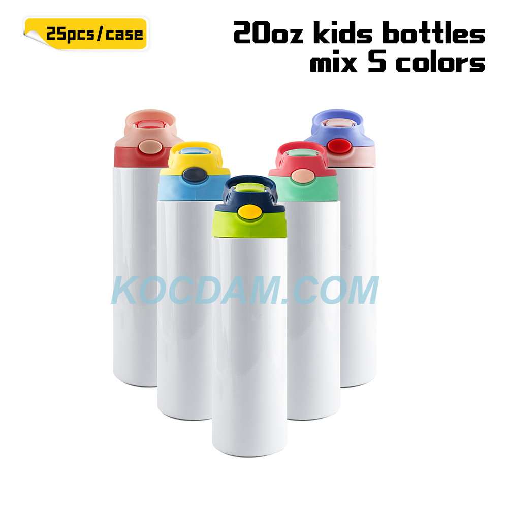 KOCDAM 25 Pack 20oz Stainless Steel Straight White Sublimation Kids Tumbler Flip Top Water Bottles